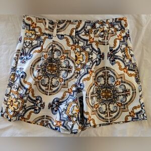 White House Black Market Printed Tile-Pattern Shorts in White, Blue & Gold